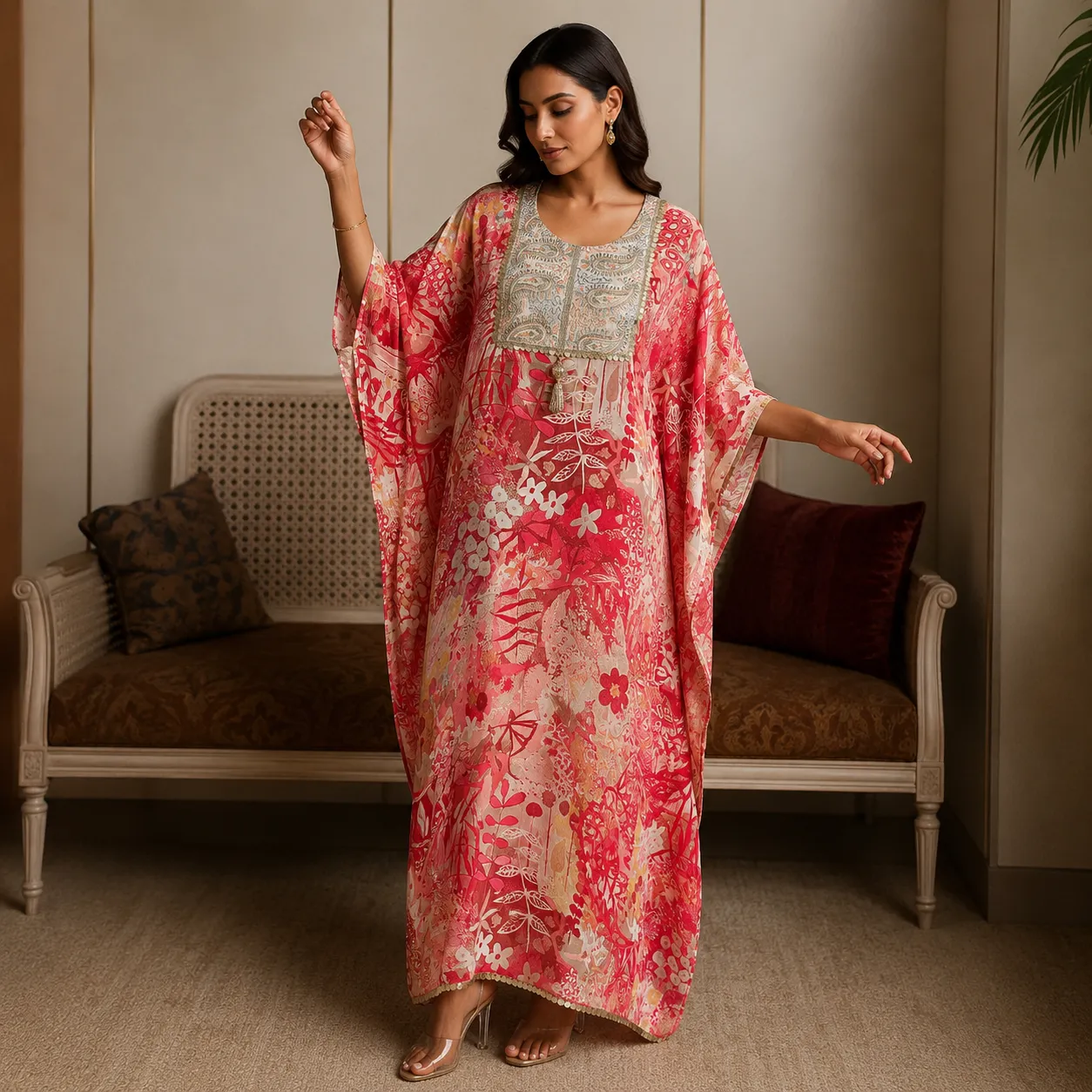 Red Printed Long Kaftan with Heavy Embellished Yoke